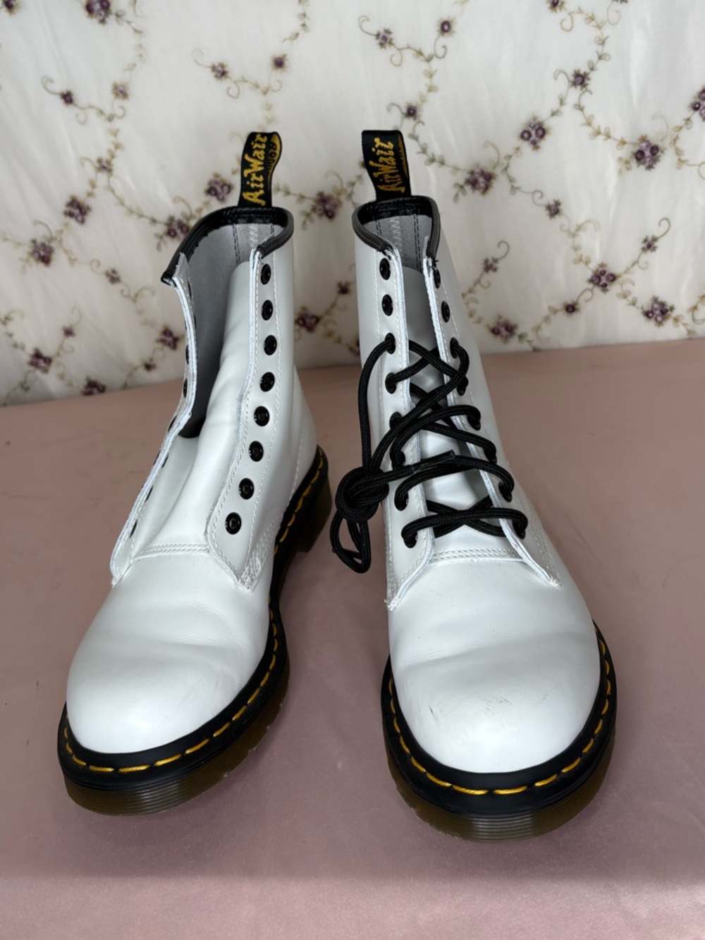 Dr. Martens White Lace-Up Leather Boots with Black Eyelets